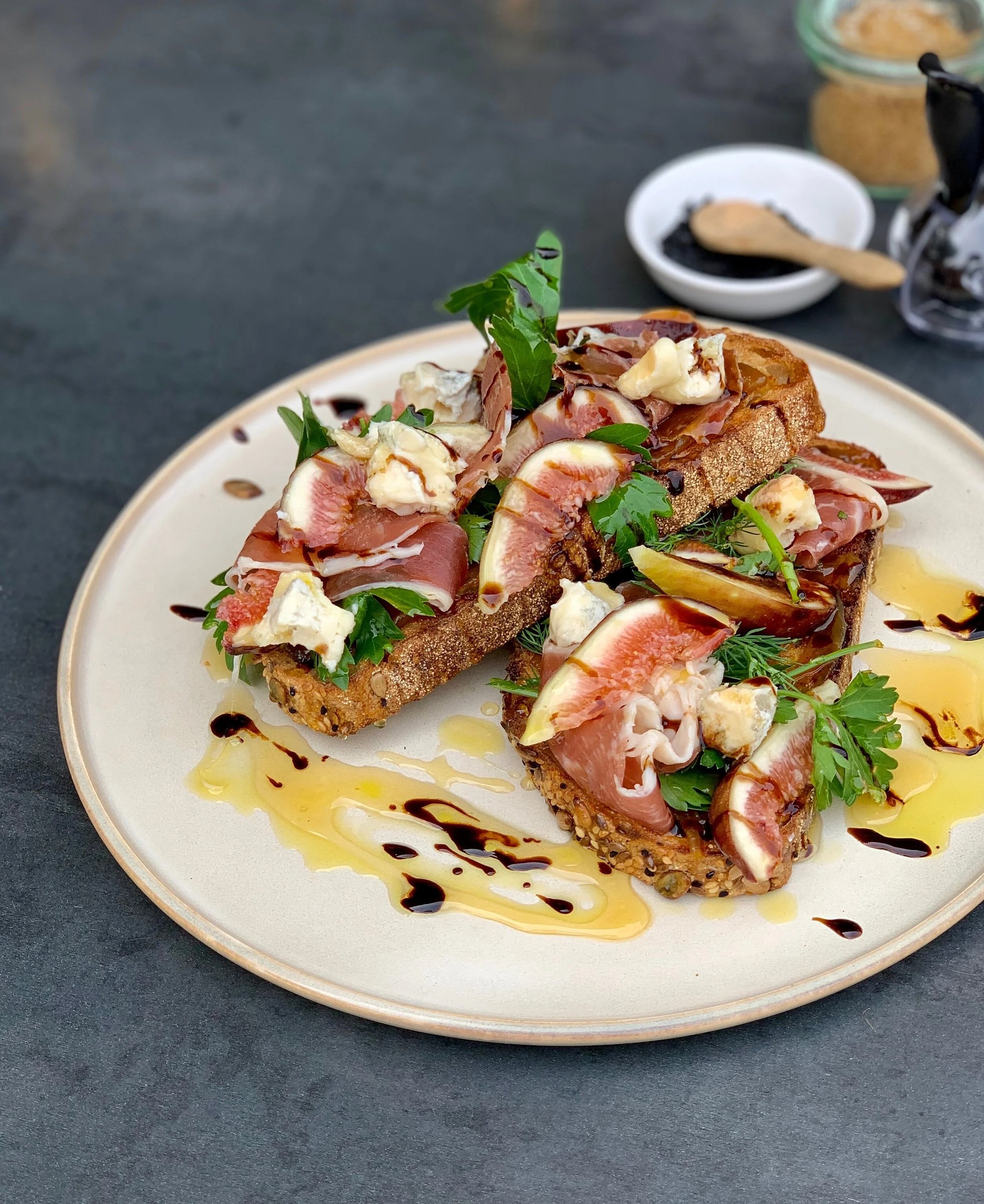 A brunch plate on toast from our kitchen